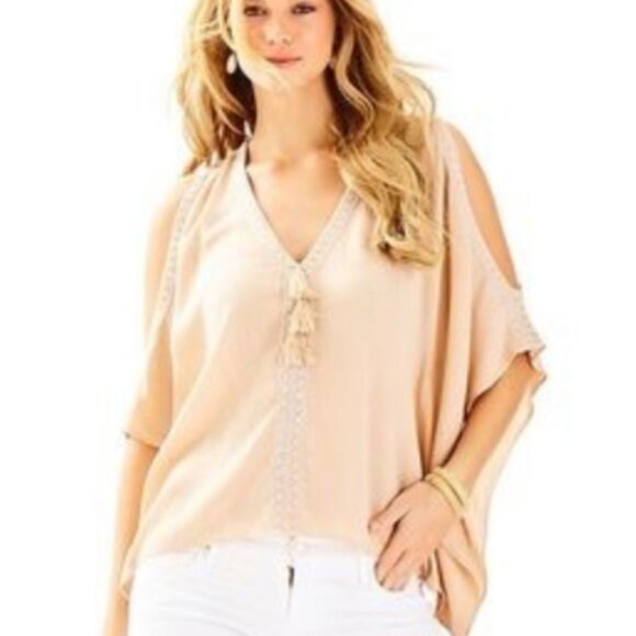 Lilly Pulitzer Tops - Womens Lilly Pulitzer Julietta Cold Shoulder Top Sand Dune Beige Tan Gold sz S/M